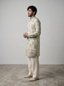 Cream Satin Linen Floral Printed Kurta Set with White Palazzo for Men