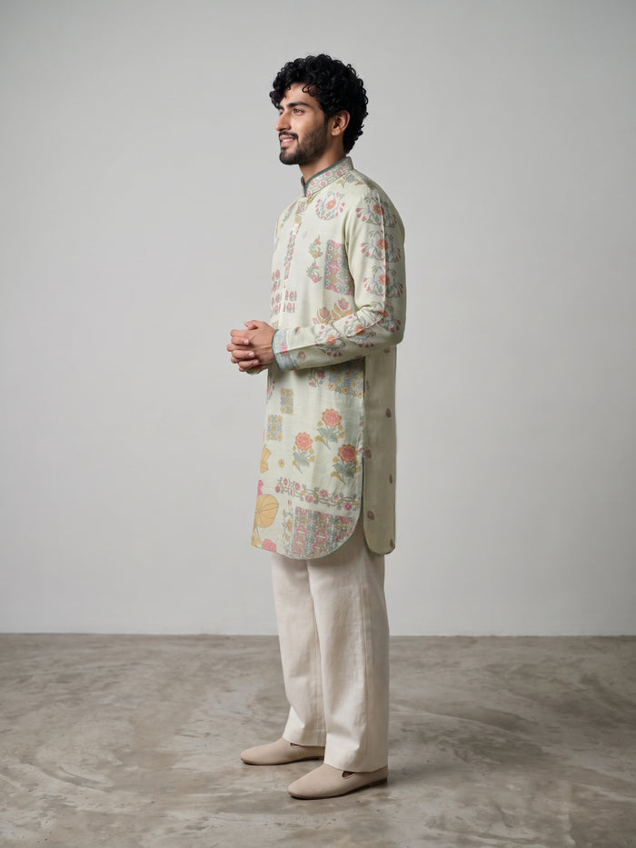 Cream Satin Linen Floral Printed Kurta Set with White Palazzo for Men - KORANM