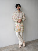 Cream Satin Linen Floral Printed Kurta Set with White Palazzo for Men