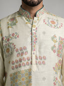 Cream Satin Linen Floral Printed Kurta Set with White Palazzo for Men