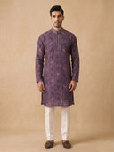 Purple Silk Kurta Set with White Aligarhi – Abstract Printed Ethnic Wear
