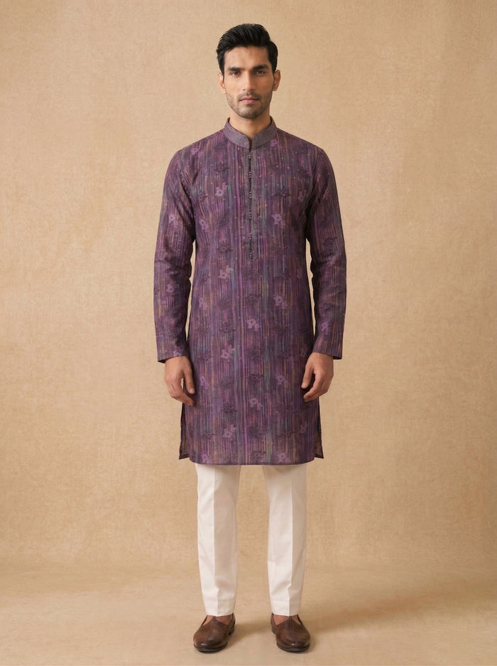 Purple Silk Kurta Set with White Aligarhi – Abstract Printed Ethnic Wear - KORANM