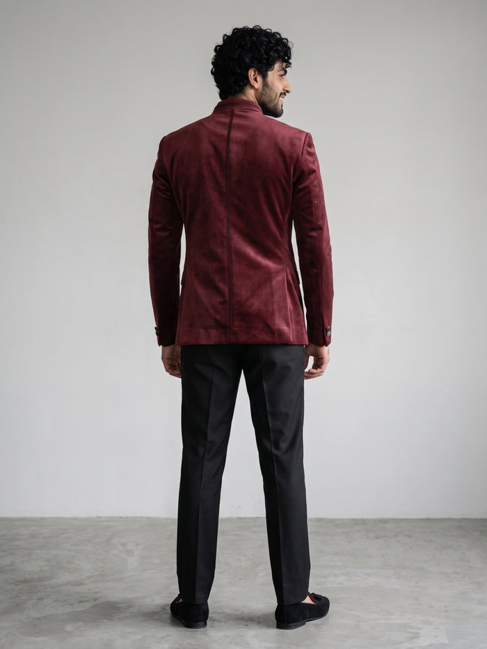 Dark Wine Velvet Embroidered Jodhpuri Set