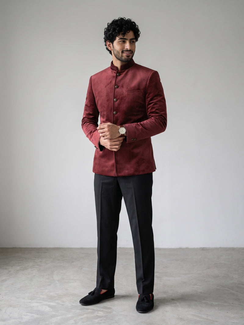 Dark Wine Velvet Embroidered Jodhpuri Set