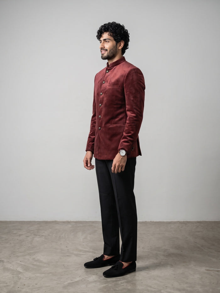 Dark Wine Velvet Embroidered Jodhpuri Set