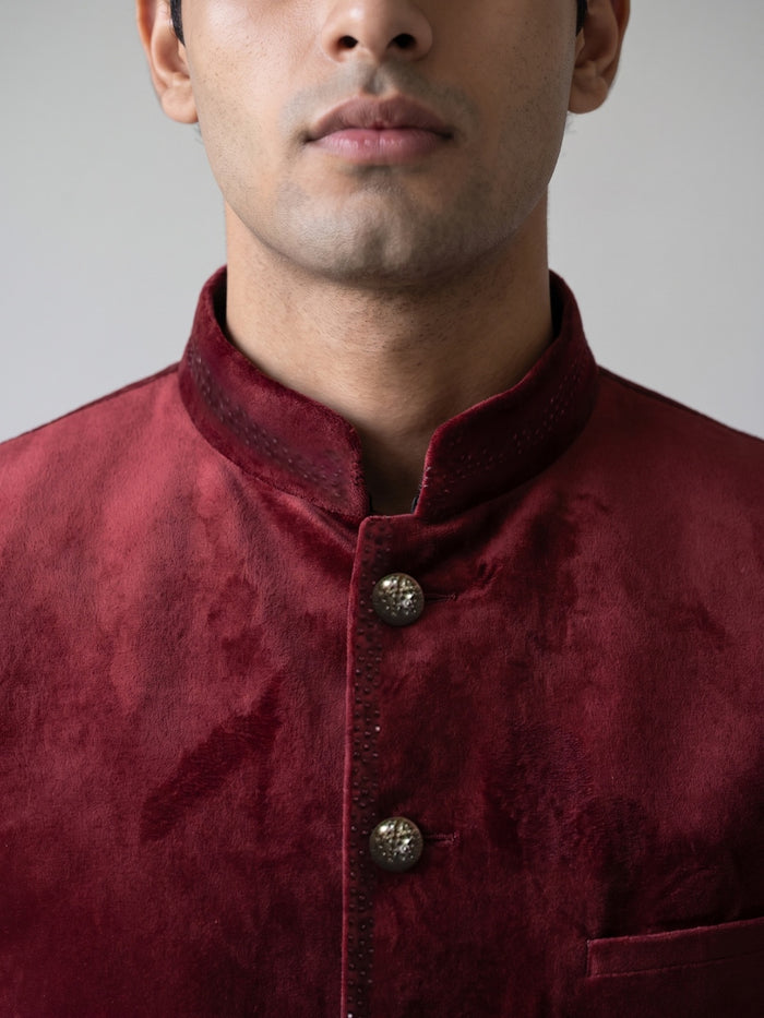 Dark Wine Velvet Embroidered Jodhpuri Set