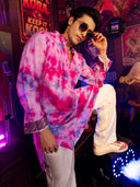 Pink Printed & Mirror Work Kurta Set with Off White palazzo Pant | Men's Festive Wear - KORANM