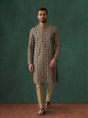 Green Silk Kurta Set with Antique Gold Aligarhi for Men – Embroidered Ethnic Wear - KORANM
