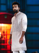 Premium Cream Prabal Silk Embroidered Kurta Set with Plazo Pants | Worn by Meezaan Jafri | KoraNm