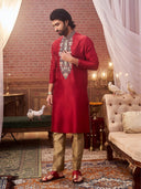 Red Mysore Silk Kurta Set with embroidery