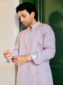 Lilac Linen Embroidered Kurta with White Aligarhi Palazzo Pant for Men