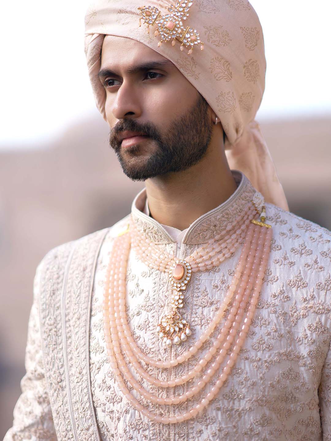 Pastel Peach Embroidered Sherwani Set For Groom