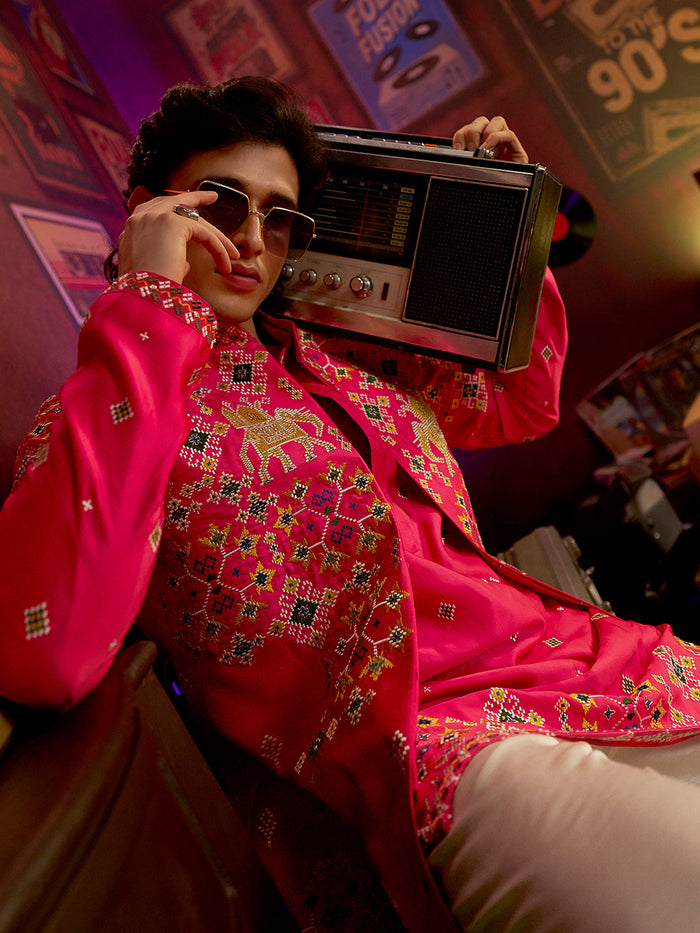 Pink Satin Linen Printed & Embroidered Kurta Set with Off White Palazzo Pant