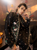 Black Satin Linen Geometric Bandi Jacket Set with Resham Work - KORANM