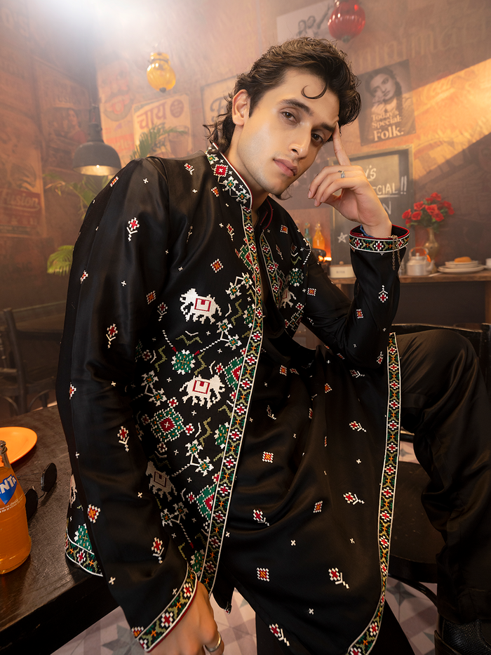 Black Satin Linen Geometric Bandi Jacket Set with Resham Work
