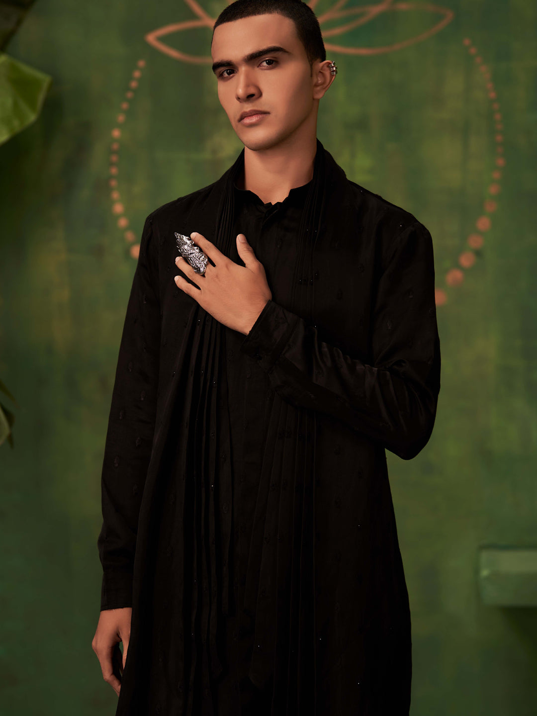 Black Kurta Set With Attached Dupatta and Aligadi Pants