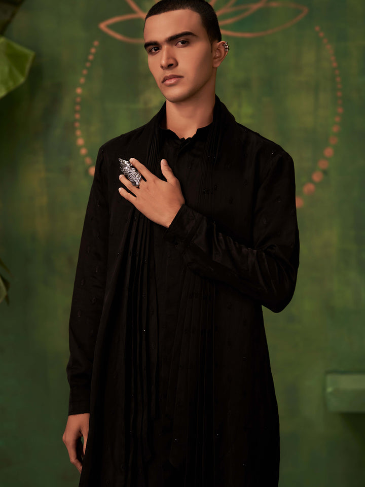 Black Kurta Set With Attached Dupatta and Aligadi Pants