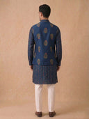 Navy Blue Silk Kurta Jacket Set with Cream Aligarhi for Men – Paisley Ethnic Wear - KORANM
