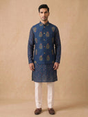 Navy Blue Silk Kurta Jacket Set with Cream Aligarhi for Men – Paisley Ethnic Wear - KORANM