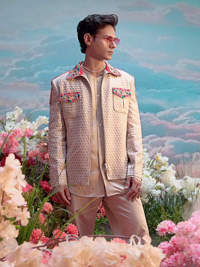 Natural Satin Linen Jodhpuri Set with Embroidery – Carnival Collection - KORANM