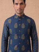 Navy Blue Silk Kurta Jacket Set with Cream Aligarhi for Men – Paisley Ethnic Wear - KORANM