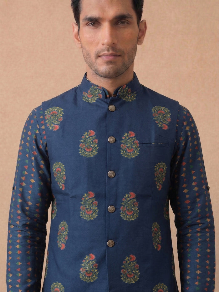 Navy Blue Silk Kurta Jacket Set with Cream Aligarhi for Men – Paisley Ethnic Wear - KORANM