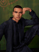 Midnight Blue Kurta Set With Attached Dupatta and Aligadi Pants - KORANM