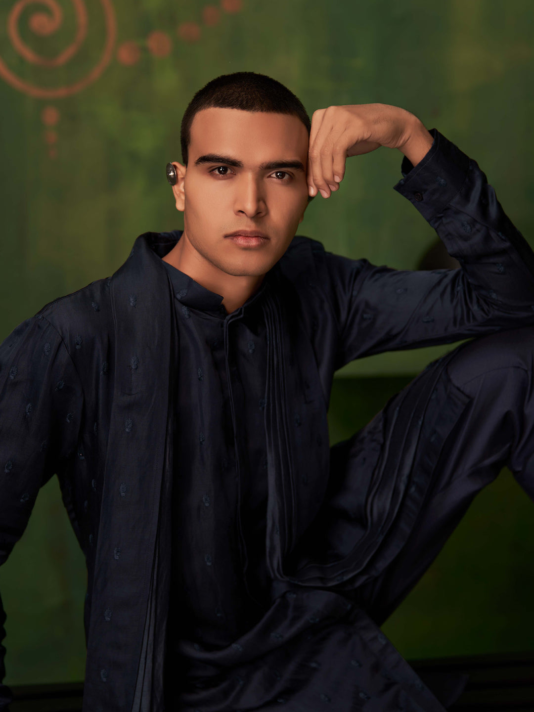 Midnight Blue Kurta Set With Attached Dupatta and Aligadi Pants - KORANM