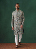 Green Silk Kurta Set with White Aligarhi – Floral Embroidered Ethnic Wear for Men