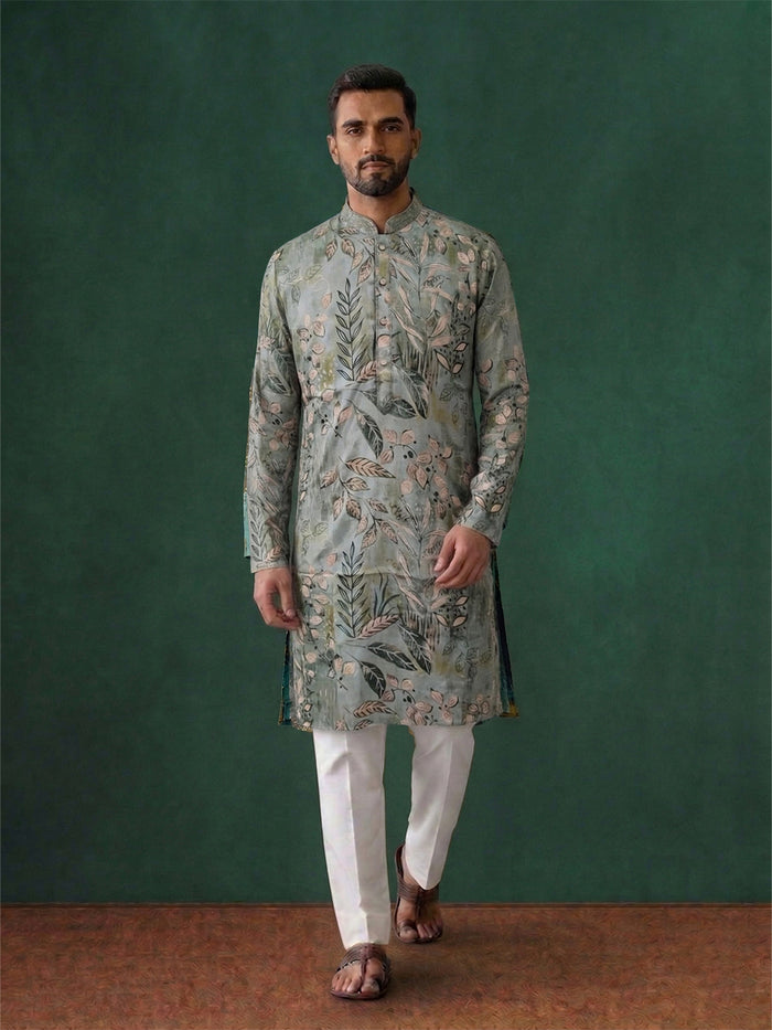 Green Silk Kurta Set with White Aligarhi – Floral Embroidered Ethnic Wear for Men - KORANM