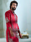 Elegant Red Raw Silk Embroidered Kurta Set with White Plazo Pants | KoraNm Men’s Ethnic Wear
