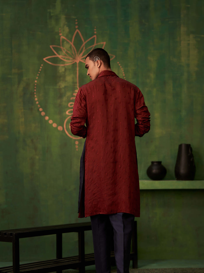 Maroon-Black Ombre Kurta Set With Attached Dupatta and Aligadi Pants - KORANM