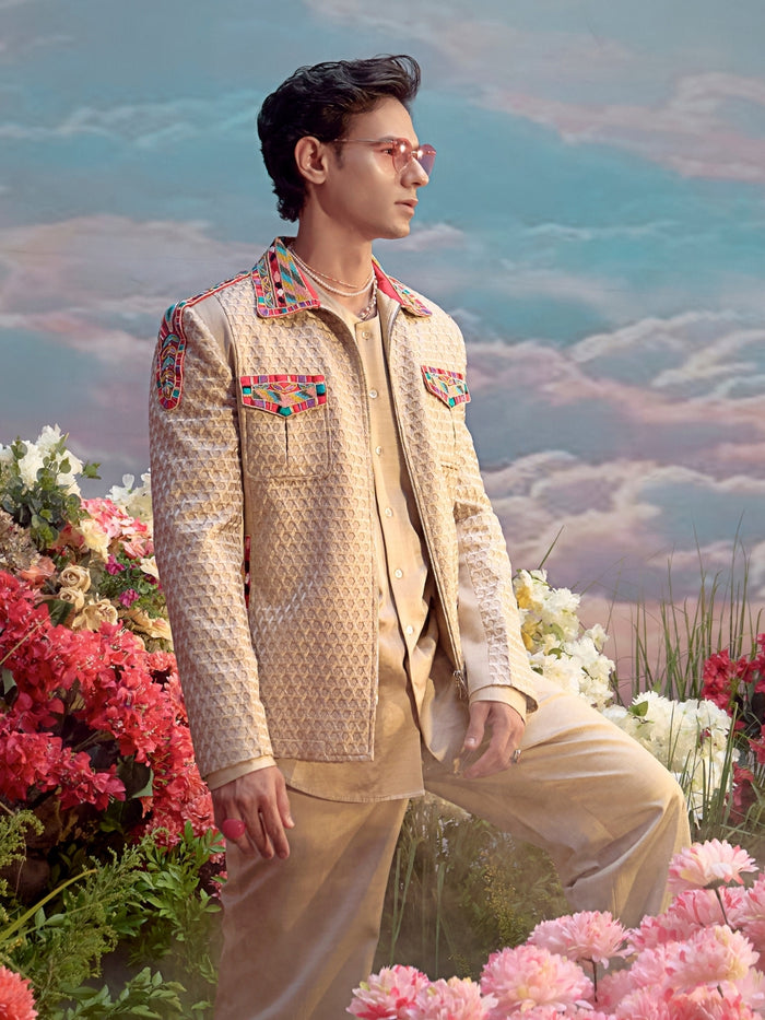 Natural Satin Linen Jodhpuri Set with Embroidery – Carnival Collection - KORANM