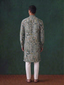 Green Silk Kurta Set with White Aligarhi – Floral Embroidered Ethnic Wear for Men