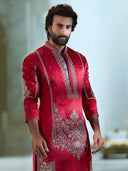 Elegant Red Raw Silk Embroidered Kurta Set with White Plazo Pants | KoraNm Men’s Ethnic Wear