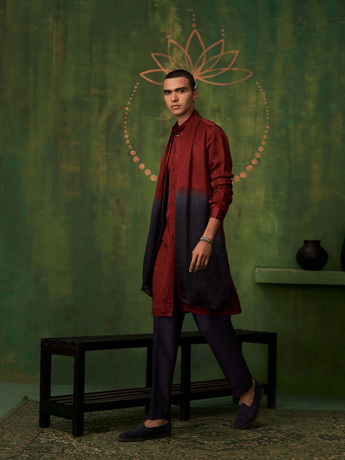 Maroon-Black Ombre Kurta Set With Attached Dupatta and Aligadi Pants