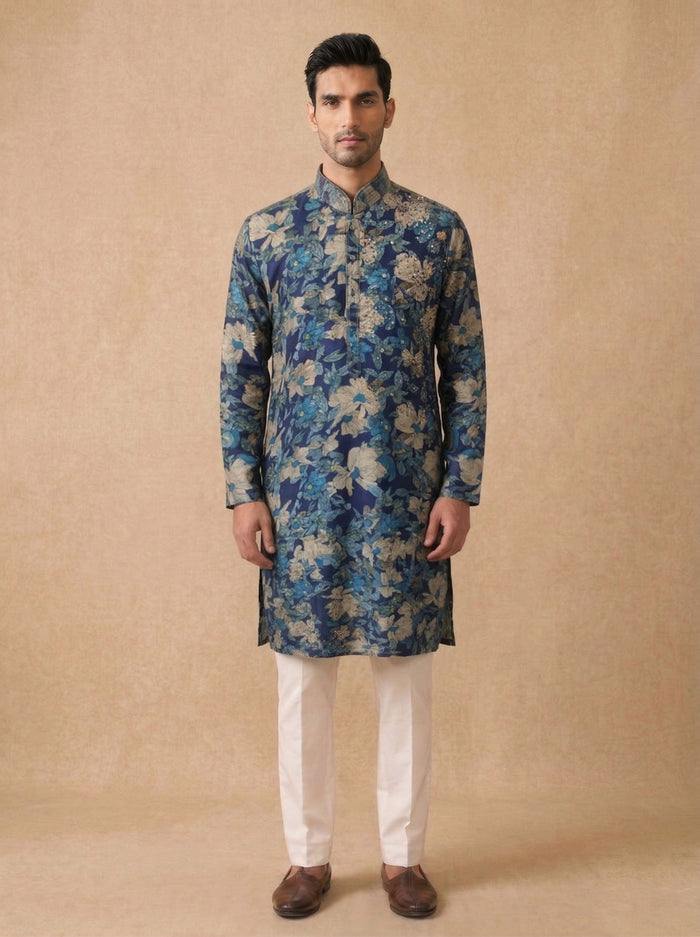 Blue Silk Kurta Set for Men with Floral Print and Embroidery and White Aligarhi Bottom - KORANM