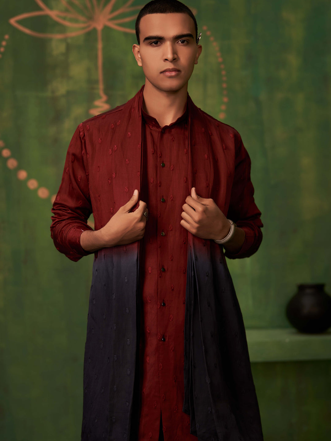 Maroon-Black Ombre Kurta Set With Attached Dupatta and Aligadi Pants - KORANM
