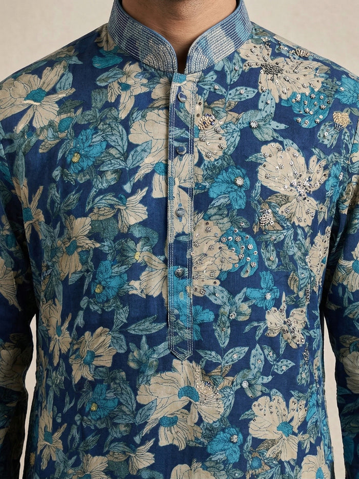 Blue Silk Kurta Set for Men with Floral Print and Embroidery and White Aligarhi Bottom - KORANM