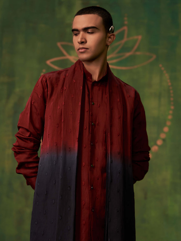 Maroon-Black Ombre Kurta Set With Attached Dupatta and Aligadi Pants - KORANM
