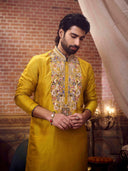 Mustard Silk Kurta Set with white aligarhi
