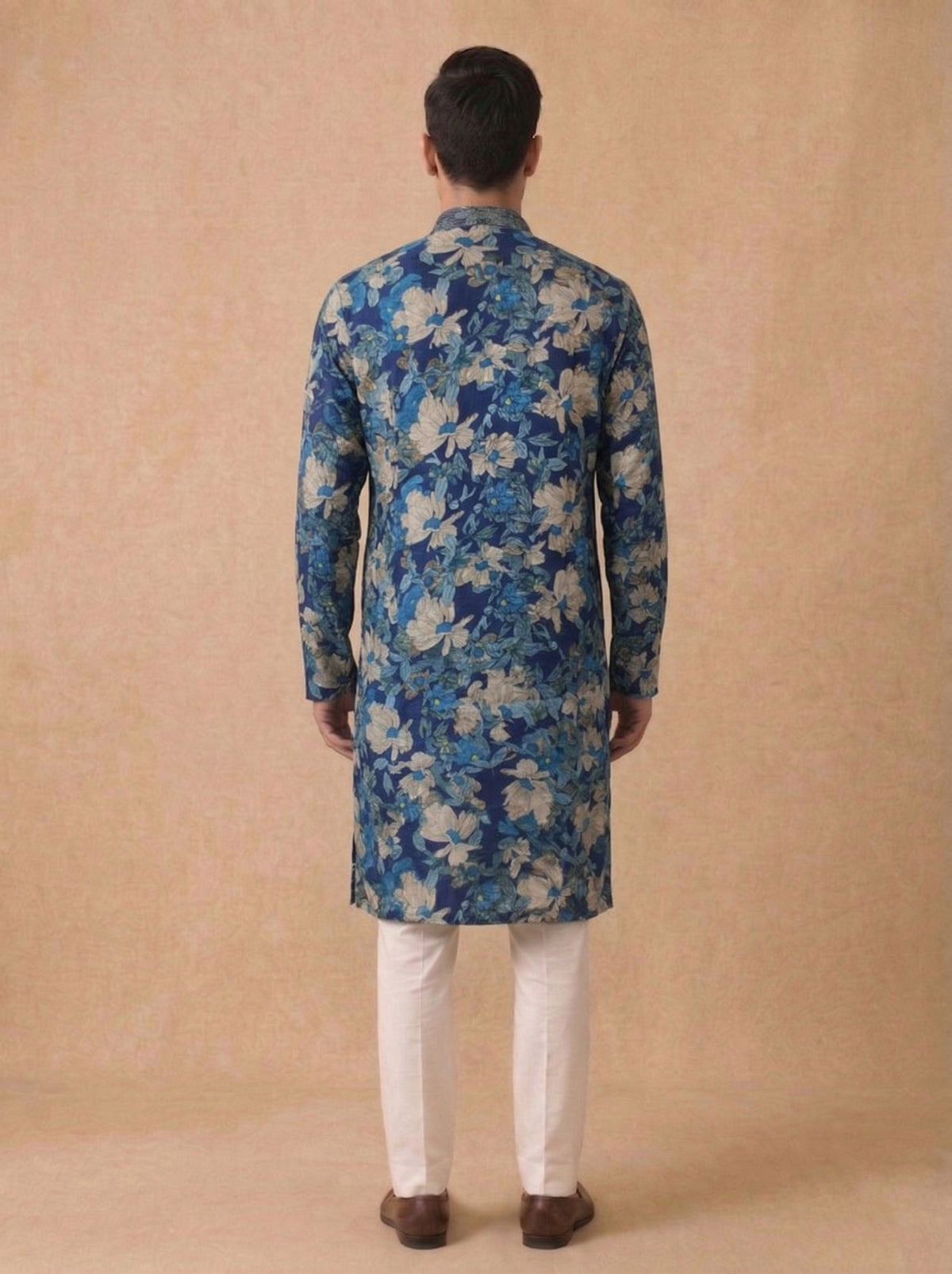 Blue Silk Kurta Set for Men with Floral Print and Embroidery and White Aligarhi Bottom - KORANM