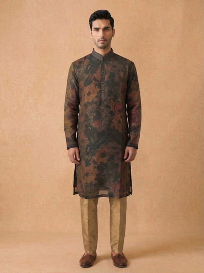 Rust Silk Kurta Set with Antique Gold Aligarhi – Floral Ethnic Wear for Men