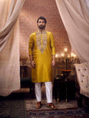 Mustard Silk Kurta Set with white aligarhi