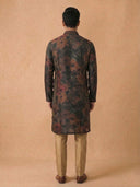 Rust Silk Kurta Set with Antique Gold Aligarhi – Floral Ethnic Wear for Men - KORANM