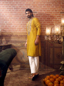 Mustard Silk Kurta Set with white aligarhi