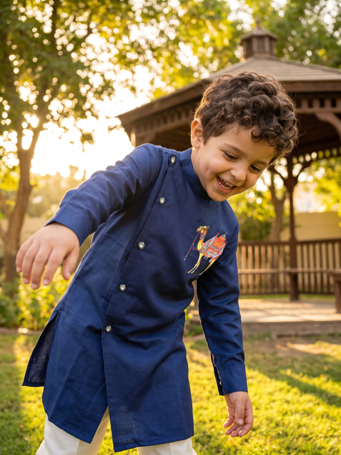 Navy Blue Linen Satin Side-Open Camel Printed Kurta with Off-White Aligarhi Pants for Boys