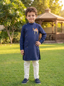 Navy Blue Linen Satin Side-Open Camel Printed Kurta with Off-White Aligarhi Pants for Boys