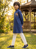 Navy Blue Linen Satin Side-Open Camel Printed Kurta with Off-White Aligarhi Pants for Boys