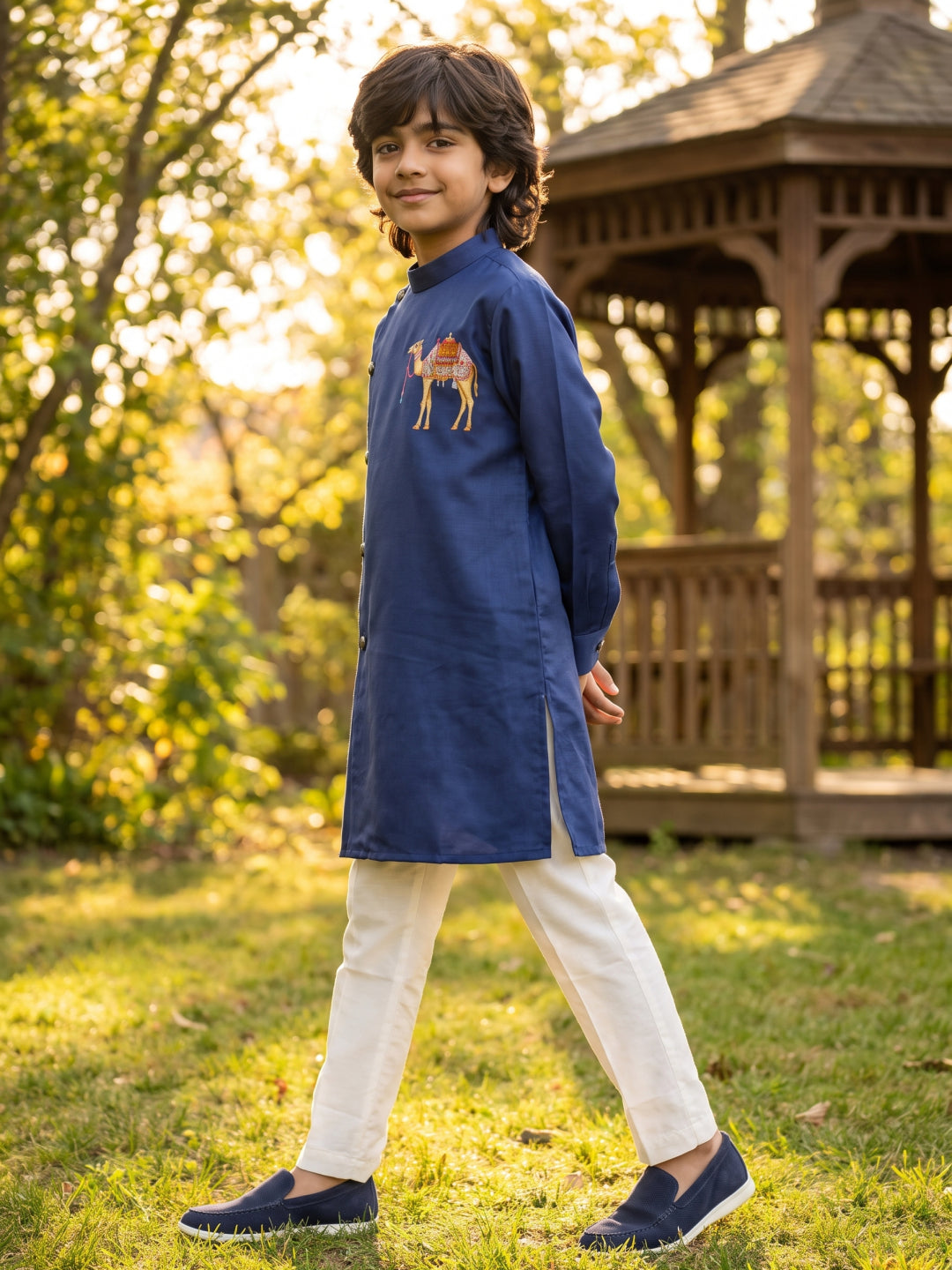 Navy Blue Linen Satin Side-Open Camel Printed Kurta with Off-White Aligarhi Pants for Boys